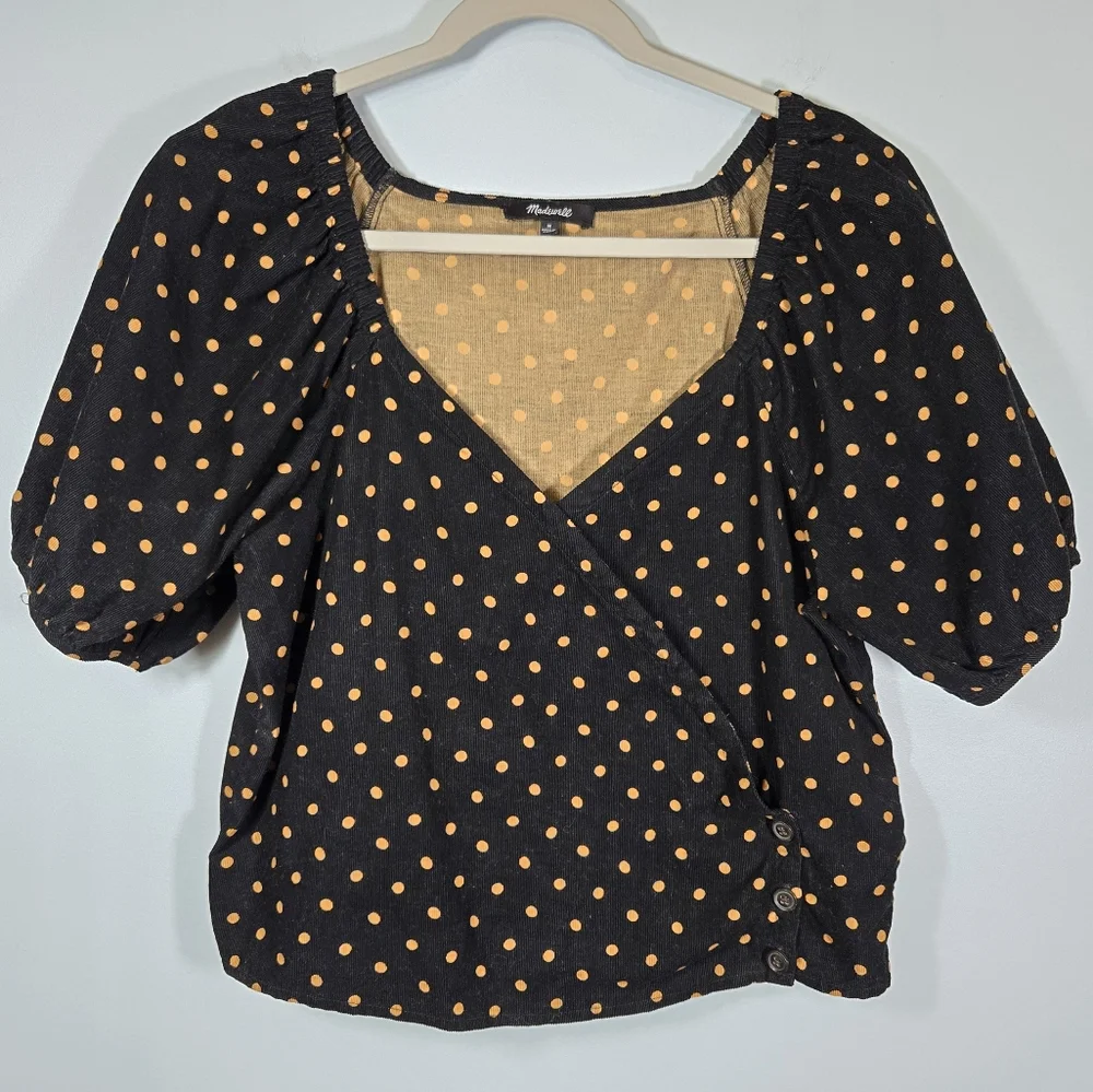 Madewell Puff Sleeve Wrap Top Women’s Medium Corduroy Polka Dot‎ Blouse